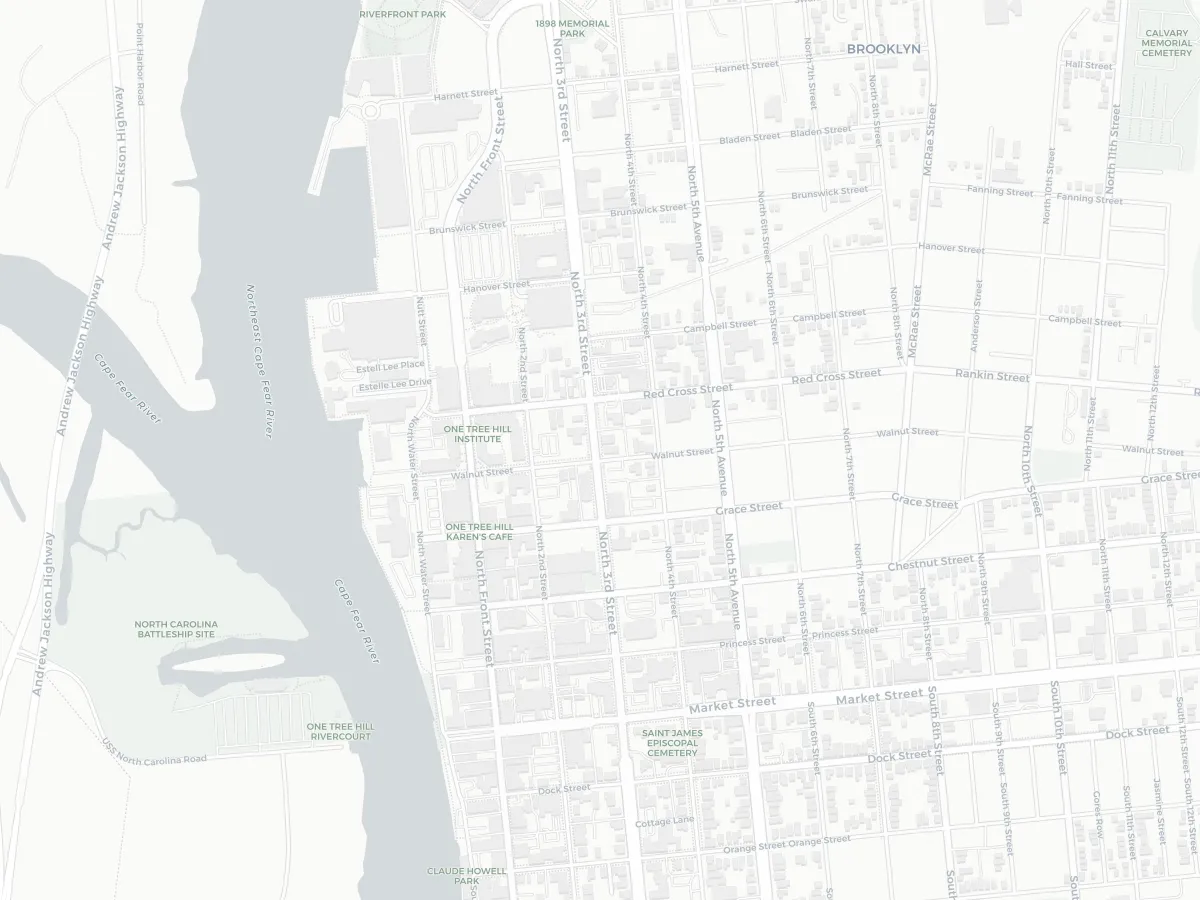 Street map showing the location of Robert L Armstrong's office at 404 N 3rd St, Ste 105 in downtown Wilmington, NC