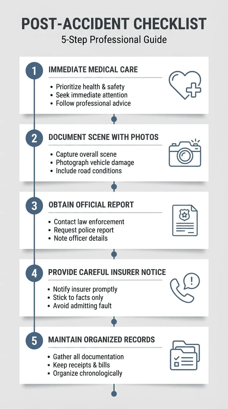 Post-accident checklist in five numbered steps: immediate medical care, document the scene with photos, obtain the official police report, provide careful notice to your insurer, and maintain organized records