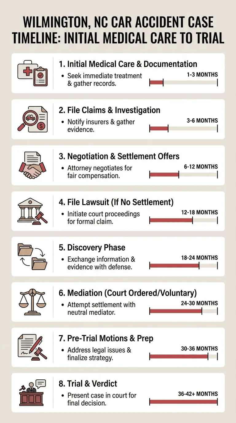 Wilmington, NC car accident case timeline in eight stages with typical durations: initial medical care and documentation (1-3 months), filing claims and investigation (3-6 months), negotiation and settlement offers (6-12 months), filing a lawsuit if no settlement (12-18 months), discovery (18-24 months), mediation (24-30 months), pre-trial motions and prep (30-36 months), and trial and verdict (36-42+ months)