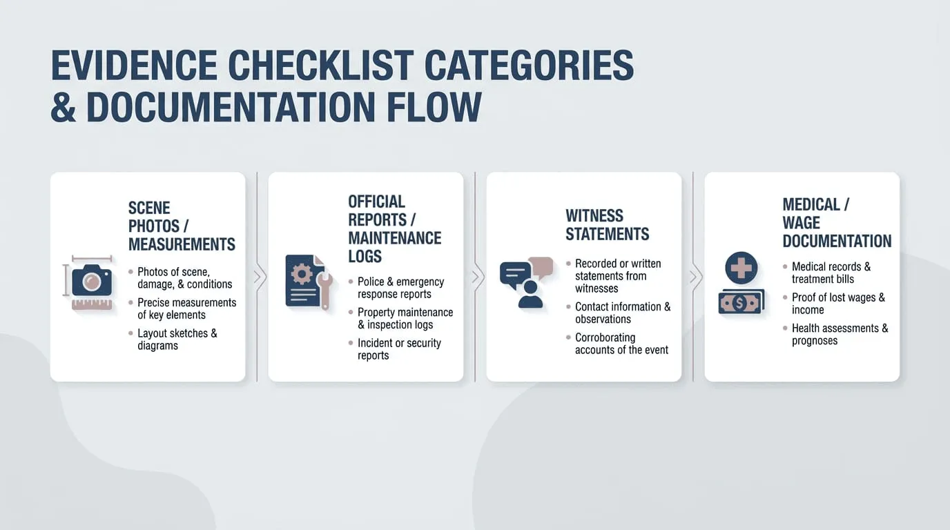 Evidence checklist categories and documentation flow in four stages: scene photos and measurements, official reports and maintenance logs, witness statements, and medical and wage documentation