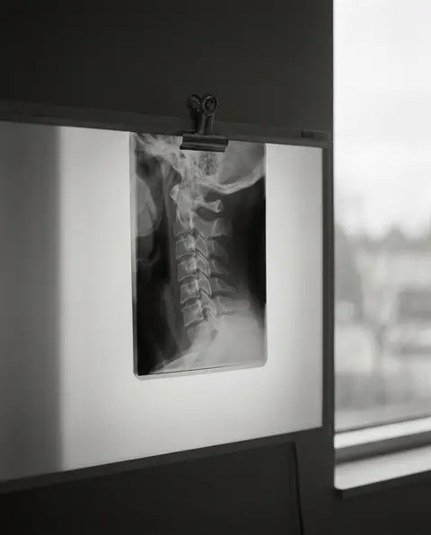 Cervical spine neck X-ray on a backlit radiology viewer